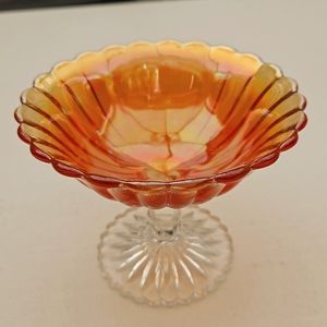 Candy Dish, Carnival Glass Marigold w/scalloped/ribbed Depression Glass